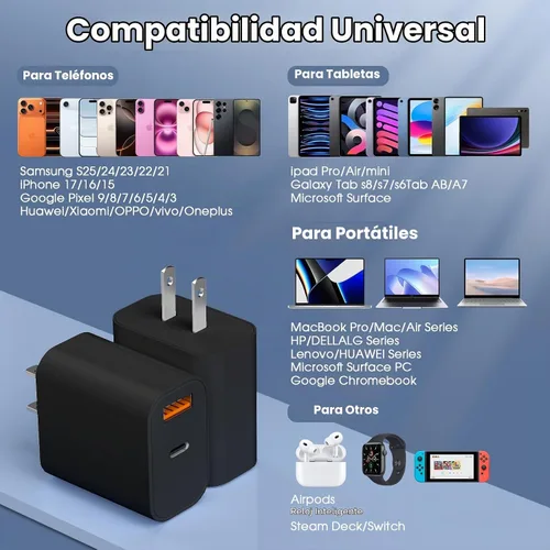 Vista 3 de Cargador para iPhone 17/16/15 Pro/Pro Max, cargador de pared USB-C de doble puerto con PD 40 W y carga rápida QC 20 W, cable USB-C de 10 pies