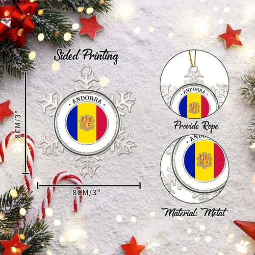 Vista 2 de Adornos de Navidad de Andorra, bandera nacional de Andorra, suministros de fiesta de Navidad, recuerdo de la ciudad, copo de nieve de metal, adorno