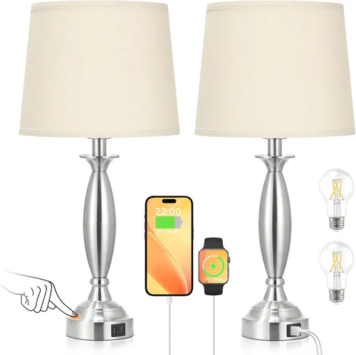 Vista 16 de Juego de 2 lámparas grises para dormitorio, lámpara de noche con control táctil con USB C+A, lámparas de mesita de noche regulables de 3 vías