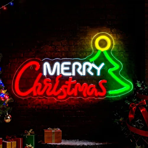 Vista 13 de Letrero de neón de Feliz Navidad, letreros de neón regulables JGHTURIE para decoración de pared, letrero iluminado para fiesta de Navidad, bar