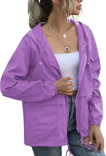 Vista 8 de PESION Chaqueta impermeable ligera para mujer, rompevientos con capucha y bolsillo para exteriores Verde militar