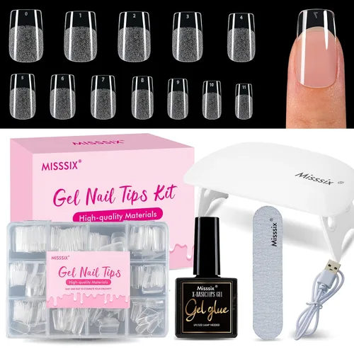 Vista 14 de Misssix Kit de puntas de uñas de gel cortas en forma de almendra, 216 piezas de uñas postizas transparentes pregrabadas, uñas postizas de cobertura
