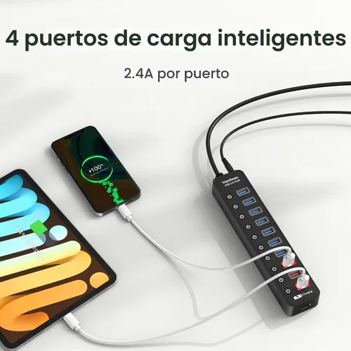 Vista 5 de vantisan Concentrador USB 3.0 alimentado, extensión divisor de concentrador USB de 11 puertos, 7 puertos de datos USB 3.0 + 4 puertos de carga Rojo