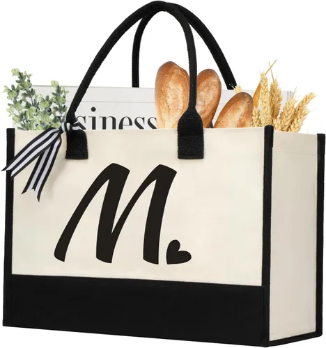 Vista 10 de shenee Initial Canvas Tote Bag, Personalized Beach Bags Gift for Women