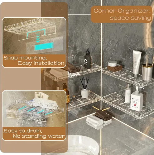 Vista 2 de Organizador de ducha de 2 piezas, estante flotante de pared, organizador transparente montado en la pared para almacenamiento en el baño