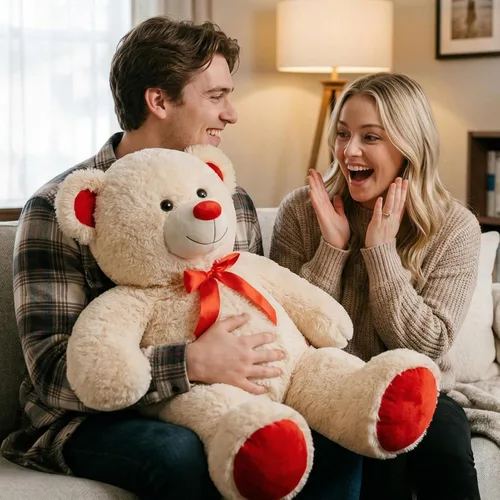 Vista 2 de Enorme Oso de Peluche Animal de Peluche Oso de Peluche Gigante con Lazo de Cinta Roja Juguete de Peluche de Día Regalo para Novia y Niños 36 Beige