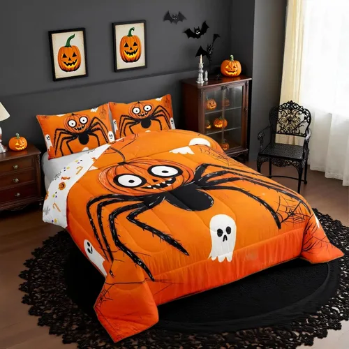 Vista 27 de Feelyou Juego de edredón de calabaza para todas las estaciones, decoración de Halloween, juego de ropa de cama con 1 funda de almohada, microfibra