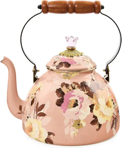 Vista 9 de MACKENZIE-CHILDS Tetera de Esmalte, Tetera Bonita para Estufa, 2 Cuartos, Rosa Silvestre Marrón Diseño aplicado a mano, hecho de acero esmaltado