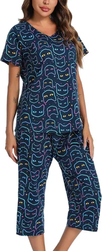 Vista 14 de ENJOYNIGHT Conjuntos de pijama de algodón para mujer, pijamas de verano con pantalones capri, ropa de dormir Gato negro