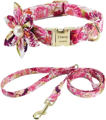 Vista 8 de Juego personalizado de collar y correa para perro con nombre y placa de número de teléfono, collar de perro con margaritas personalizado para perros