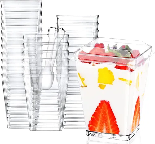 Vista 9 de Eupako Paquete de 125 mini tazas de postre de plástico de 5 onzas con cucharas, tazas pequeñas transparentes para parfait, tazas cuadradas