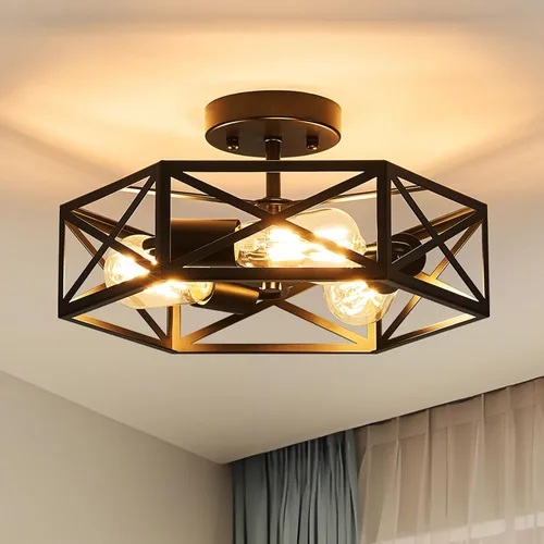 Vista 11 de Lámpara de Techo Moderna de Granja Negra y Dorada, Lámpara de Techo Industrial Semiempotrada, Accesorios de Iluminación Hexagonal para Pasillo