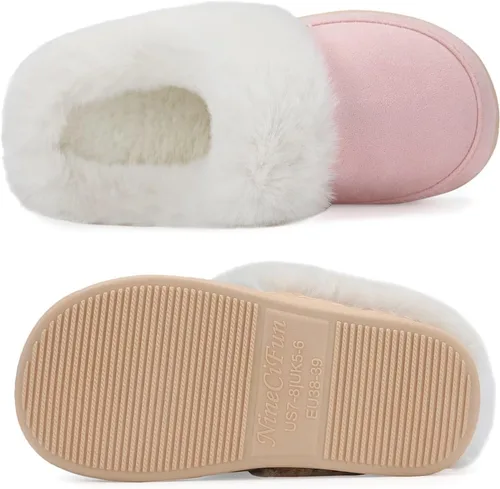 Vista 6 de NineCiFun Pantuflas de casa de gamuza para mujer y hombre, pantuflas mullidas con forro de piel sintética para interiores y exteriores, zapatos