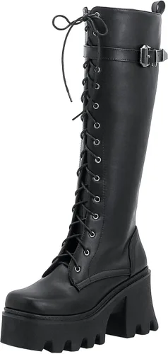 Vista 60 de Parisuit Botas góticas altas hasta la rodilla con hebilla de plataforma para mujer, tacón alto grueso, con cordones, botas de combate punk, con Negro