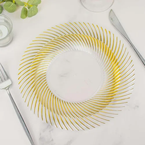 Vista 9 de Paquete de 10 platos de postre de plástico transparente y dorado de 7 pulgadas, platos de ensalada desechables redondos