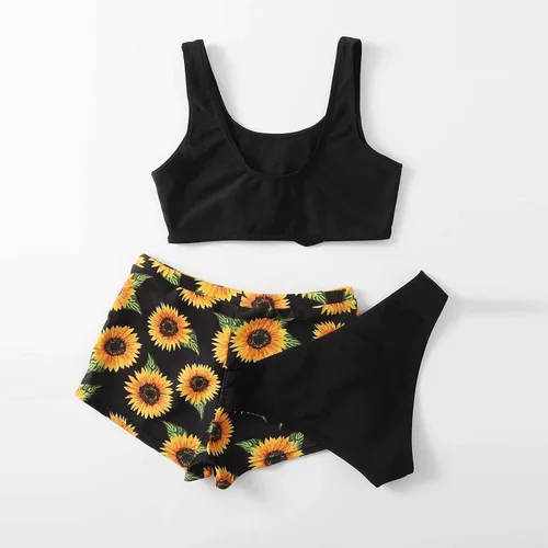 Vista 2 de Traje de baño de 3 piezas con estampado floral de girasoles de playa para niños y niñas tankini dividido con pantalones cortos para 7-14 años