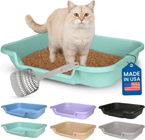 Vista 17 de KittyGoHere - Caja de arena para gatos mayores, sartén pequeña con cuchara jumbo de mango largo, caja de arena para gatos de entrada baja, ligera