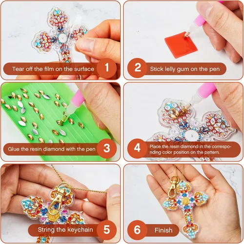 Vista 4 de Henoyso Juego de 20 llaveros de pintura artística con diamantes para adultos, 5D de doble cara en forma de cruz de diamante en forma de cruz
