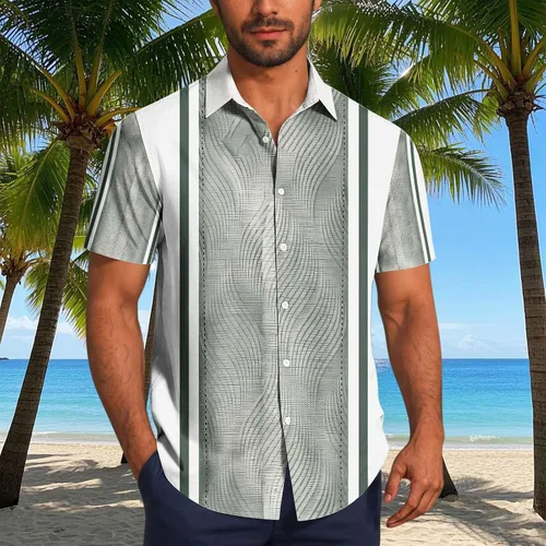 Vista 2 de Camisas de guayabera cubana para hombre, camisas casuales de manga corta con botones, camisas de playa para vacaciones de verano, camisetas mexicanas