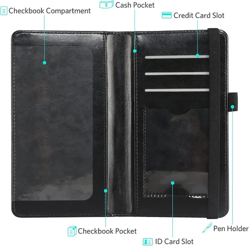 Vista 3 de CoBak Checkbook Cover - Cartera para chequera de cuero premium con función de bloqueo RFID para hombre o mujer, negro