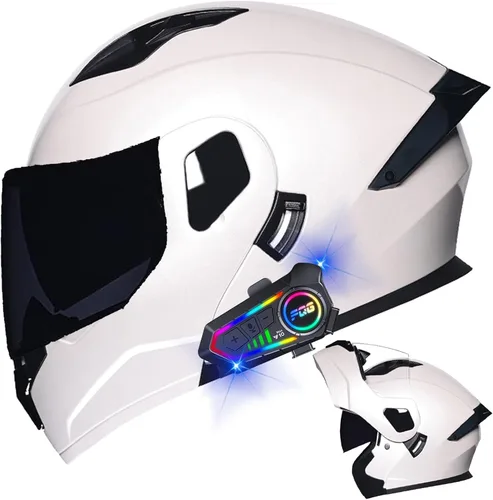 Vista 33 de Casco modular Bluetooth para motocicleta, aprobado por DOT, de cara completa, abatible, antivaho, doble visera, casco de motocicleta de calle, LENTE