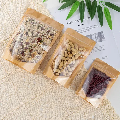 Vista 7 de 50 bolsas de papel kraft con ventana frontal transparente, bolsas resellables verticales con cierre hermético, bolsas de almacenamiento