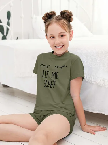 Vista 2 de Kingdenergy Conjunto de 2 piezas de camiseta y pantalón corto para niñas Verde militar