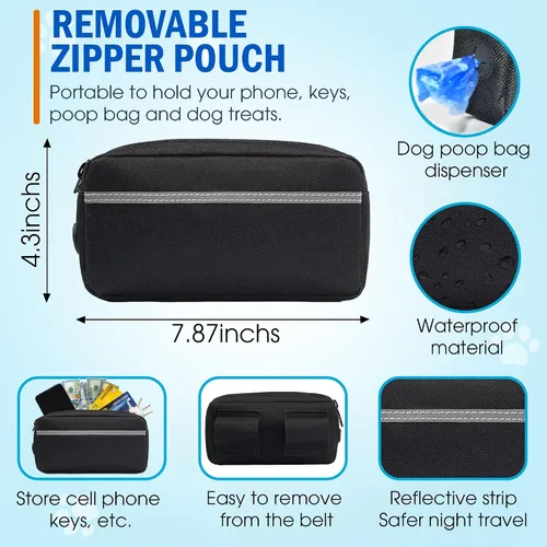 Vista 2 de Correa de perro manos libres con cinturón – Bungee sin tirones, asas acolchadas dobles y bolsa con cremallera para correr, caminar y entrenar – Negro