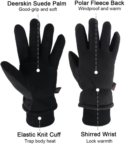 Vista 2 de OZERO Winter Gloves Deerskin Suede Leather and Insulated Polar Fleece Water Resistant Thermal Gifts for Men and Women