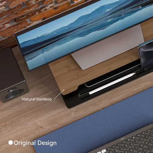 Vista 4 de Soporte elevador de monitor para escritorio, estante de escritorio de madera, organizador de almacenamiento con soporte para teléfono y tableta