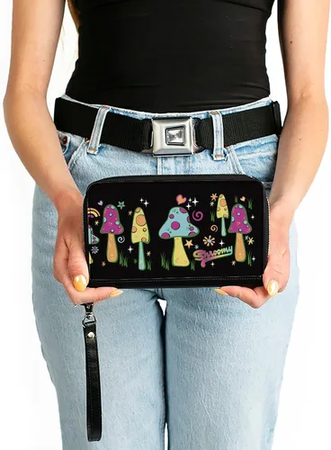 Vista 3 de Buckle-Down Billetera, Cremallera Alrededor, Seta Shspacious Vibrant Garden Negro Multicolor, Cuero Vegano, MUSHROOMS