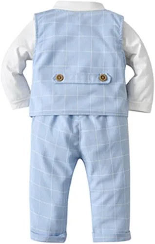 Vista 32 de IDOPIP Trajes de otoño e invierno para niños pequeños, camisa de manga larga con corbatín + chaleco + pantalones largos, overoles