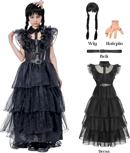 Vista 2 de Disfraz de Miércoles Vestido de tul para niñas, disfraces de Halloween, cosplay, escenario, espectáculo, fiesta