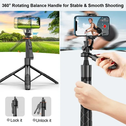 Vista 4 de Trípode de teléfono de 60 pulgadas y palo para selfie, trípode extensible todo en uno para teléfono celular, rotación de 360° con control remoto
