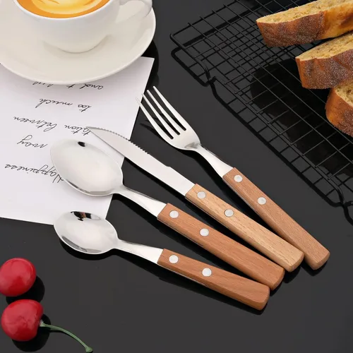 Vista 2 de JASHII Juego de cubiertos de mango de madera, servicio para 6 personas, juego de cubiertos de acero inoxidable SUS304 de 24 piezas con mango