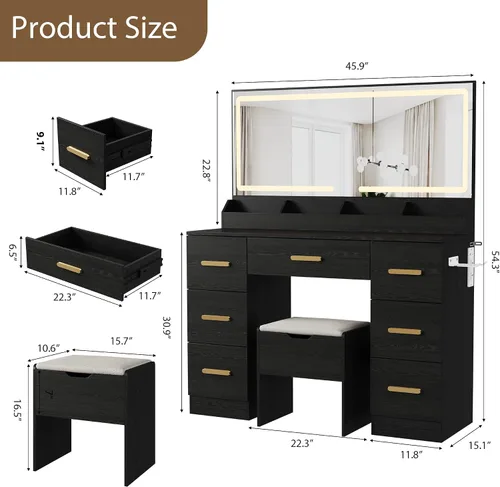 Vista 7 de Garvee Escritorio de tocador con espejo grande y luces, escritorio de maquillaje de 45.9 pulgadas, 3 modos de iluminación de brillo ajustable, mesa
