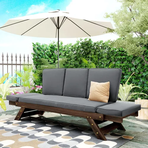 Vista 11 de Harper & Bright Designs Sofá convertible para exteriores con reposabrazos ajustable, sofá de madera maciza para patio con cojines, acabado Acabado