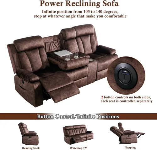 Vista 4 de GUEAPY Sofá reclinable eléctrico de 3 asientos, sofá reclinable de masaje con sofás reclinables de energía térmica con puertos USB/tipo C, Marrón