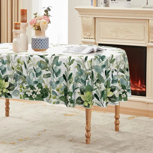 Vista 9 de Horaldaily Mantel rectangular de primavera y verano de 52 x 70 pulgadas, mantel floral de eucalipto para decoración de fiestas, pícnic, cenas