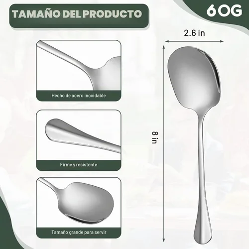 Vista 2 de Layhit 42 cucharas grandes de acero inoxidable a granel para buffet altamente pulido de 8 pulgadas, utensilios de metal sólidos aptos
