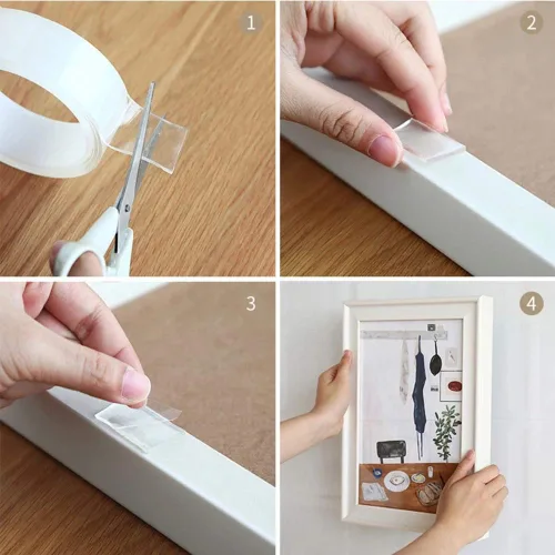 Vista 4 de TEZONG Cinta de pared transparente de doble cara de 16.4 pies/5M extra grande para colgar cuadros, cinta de montaje multiusos, cinta de agarre
