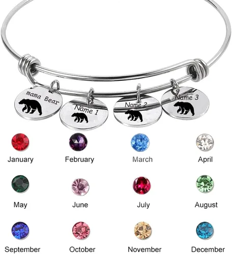 Vista 2 de Pulseras personalizadas para madre para mujer con 3 piedras natales y 3 nombres, pulseras grabadas personalizadas para mujeres, pulsera de mamá osa