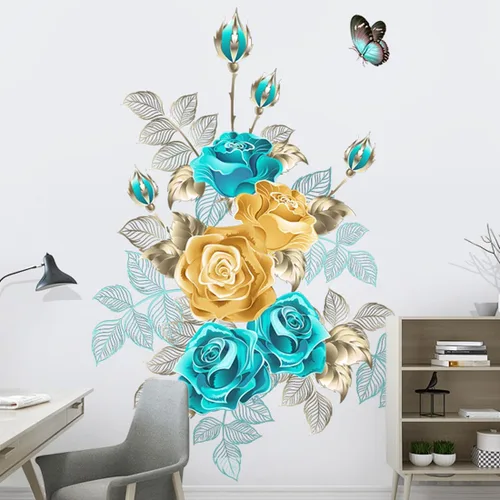 Vista 8 de Calcomanías de pared con diseño floral azul, para despegar y pegar, calcomanías de pared extraíbles para dormitorio, sala de estar, hogar, sofá