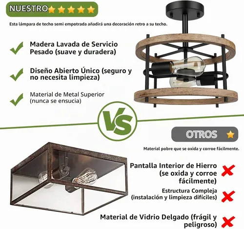 Vista 2 de Lámpara de techo semiempotrada de 2 luces, lámpara de techo de madera vintage