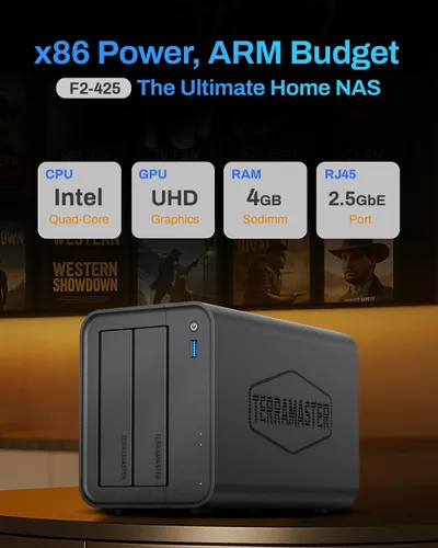 Vista 2 de TERRAMASTER Almacenamiento NAS de 2 bahías F2-425 - CPU Intel x86 Quad-Core, 4 GB de RAM, LAN de 2.5GbE, servidor multimedia de almacenamiento