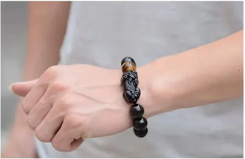 Vista 38 de Pulsera de obsidiana negra, pulsera de obsidiana negra Feng Shui para mujeres y hombres, pulsera elástica de obsidiana con piedra de ojo de tigre