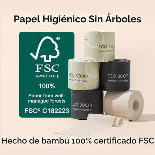 Vista 2 de ECO BOOM Papel higiénico de bambú sin blanquear, 100% libre de deforestación y sin plástico, 3 capas resistentes, certificado FSC, sin fragancia, 9