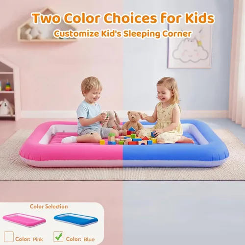 Vista 8 de Cama de aire para niños, colchón inflable para viaje de bebé con laterales, azul