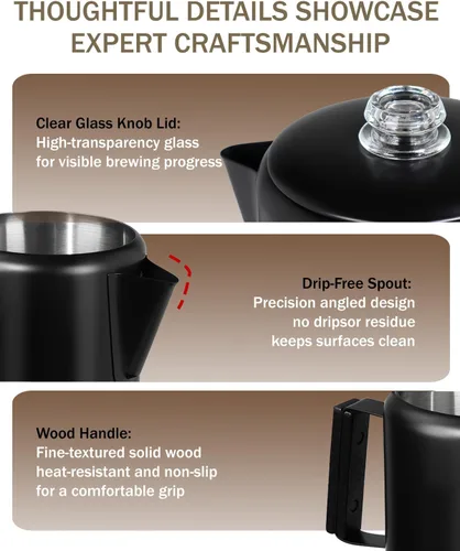 Vista 7 de Cafetera Percoladora de acero inoxidable 304, estufa de olla fácil de preparar y calentar uniformemente, 6 tazas 33.8 onzas, 33.8 fl oz, diseño