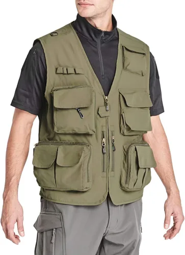Vista 2 de MAGCOMSEN Chalecos de ropa exterior para hombre, chaleco de trabajo al aire libre, chaleco de carga con múltiples bolsillos, chaleco de viaje